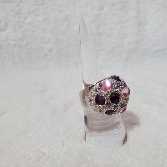 Fun Pink & Purple Crystal Dome Silver Statement Ring, Size 8 - Picture 8 of 9